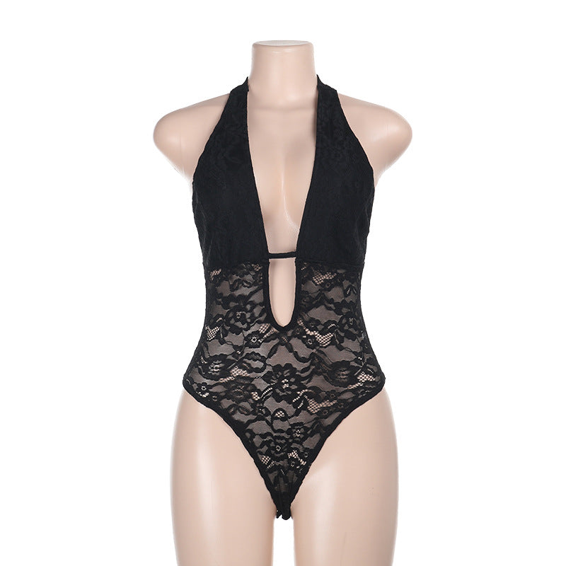 Damen verführerischer Neckholder-Badeanzug mit transparenten Spitzeinsätzen R&B