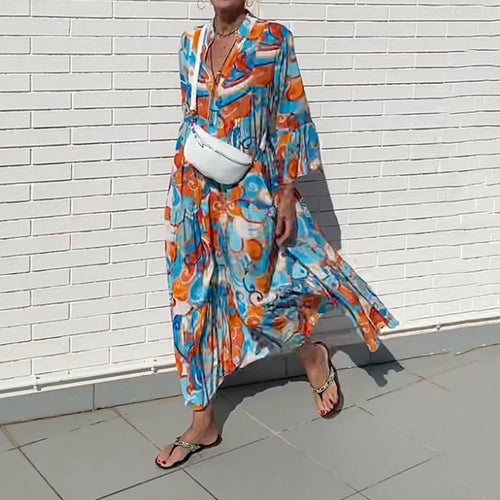 Damen nan luftiges Maxikleid mit Aquarellprint, V‑Ausschnitt, halber Knopfleiste und Stufenrock R&B