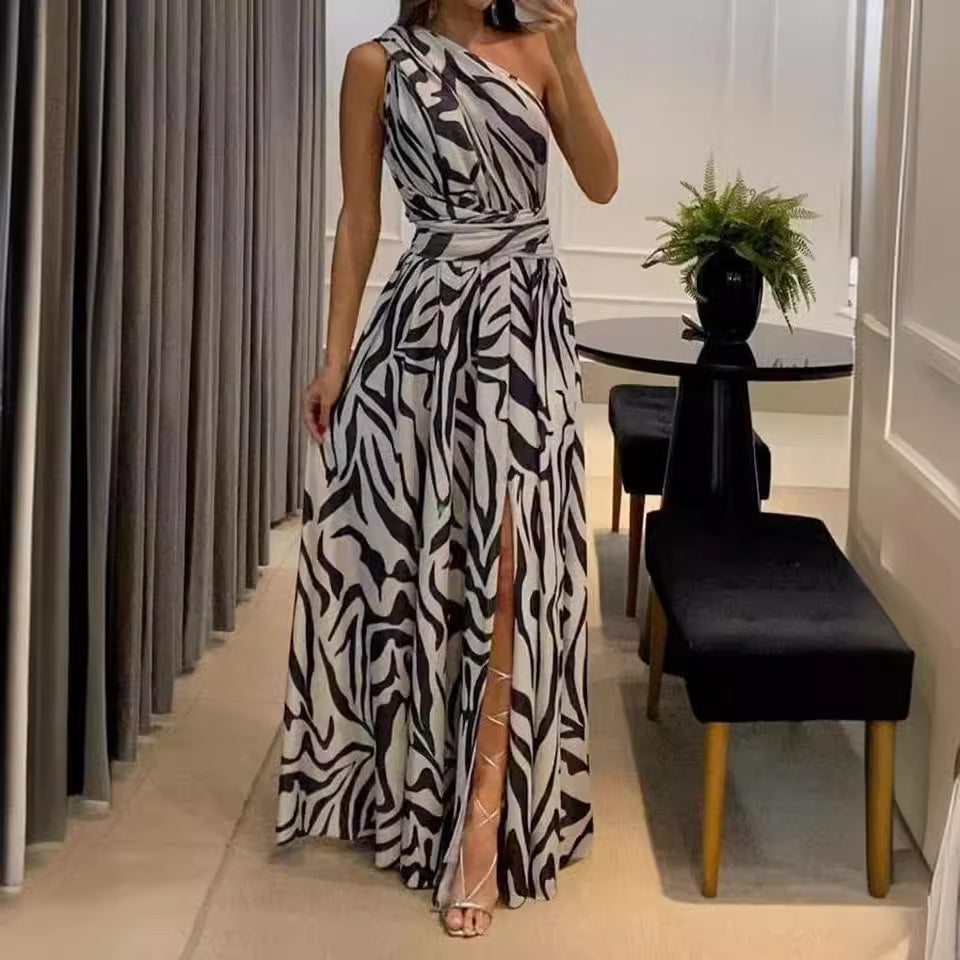 Damen Elegantes Maxikleid mit asymmetrischem Ausschnitt und Schlitz R&B