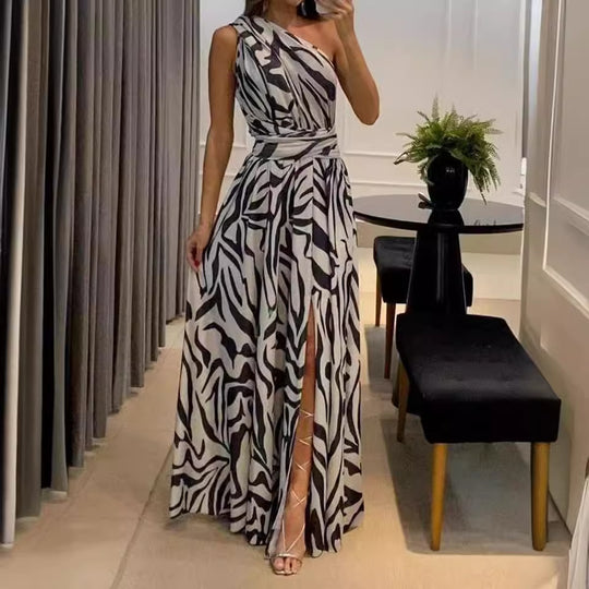 Damen Elegantes Maxikleid mit asymmetrischem Ausschnitt und Schlitz R&B