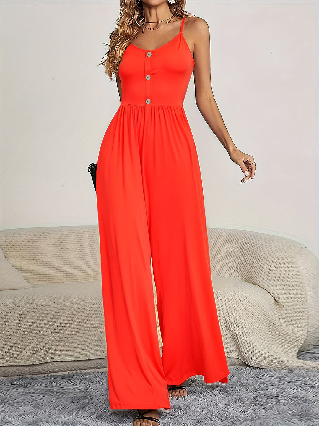 Damen Jumpsuit mit knöpfbarem Oberteil und weitem Bein R&B
