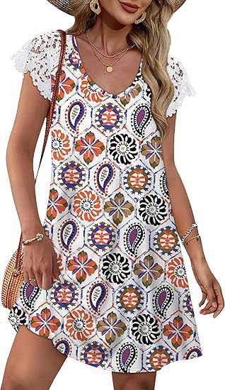 Damen Sommerkleid mit eleganten Spitzenärmeln und floralem Muster R&B