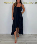 Damen Langarm Maxikleid mit asymmetrischem Saum und Rüsche R&B