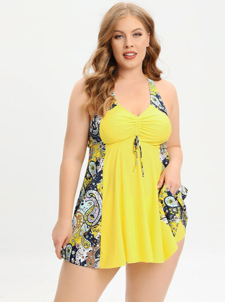 Plus Size V-Ausschnitt Badeanzugkleid mit Kreuzträgern