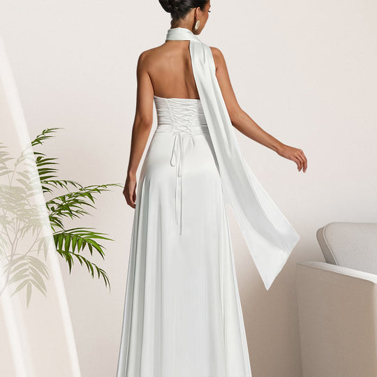 Damen Bandeau-Maxikleid mit schickem Halsschmuck und fließendem Satin R&B