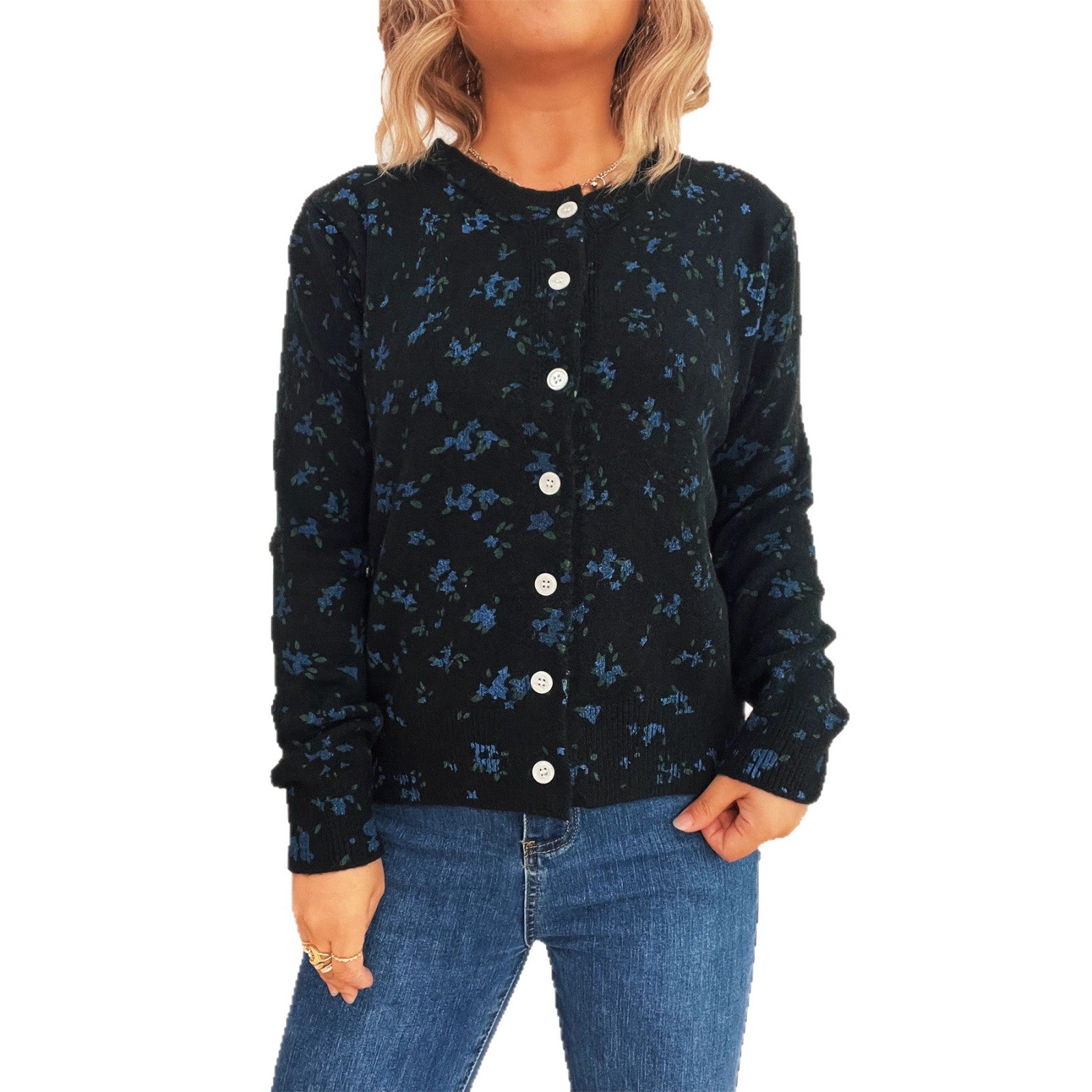 Damen gemütliche Strickjacke mit floralen Mustern und Knopfverschluss R&B