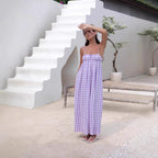 Damen Maxikleid mit Kariertem Muster und Elastischem Oberteil R&B