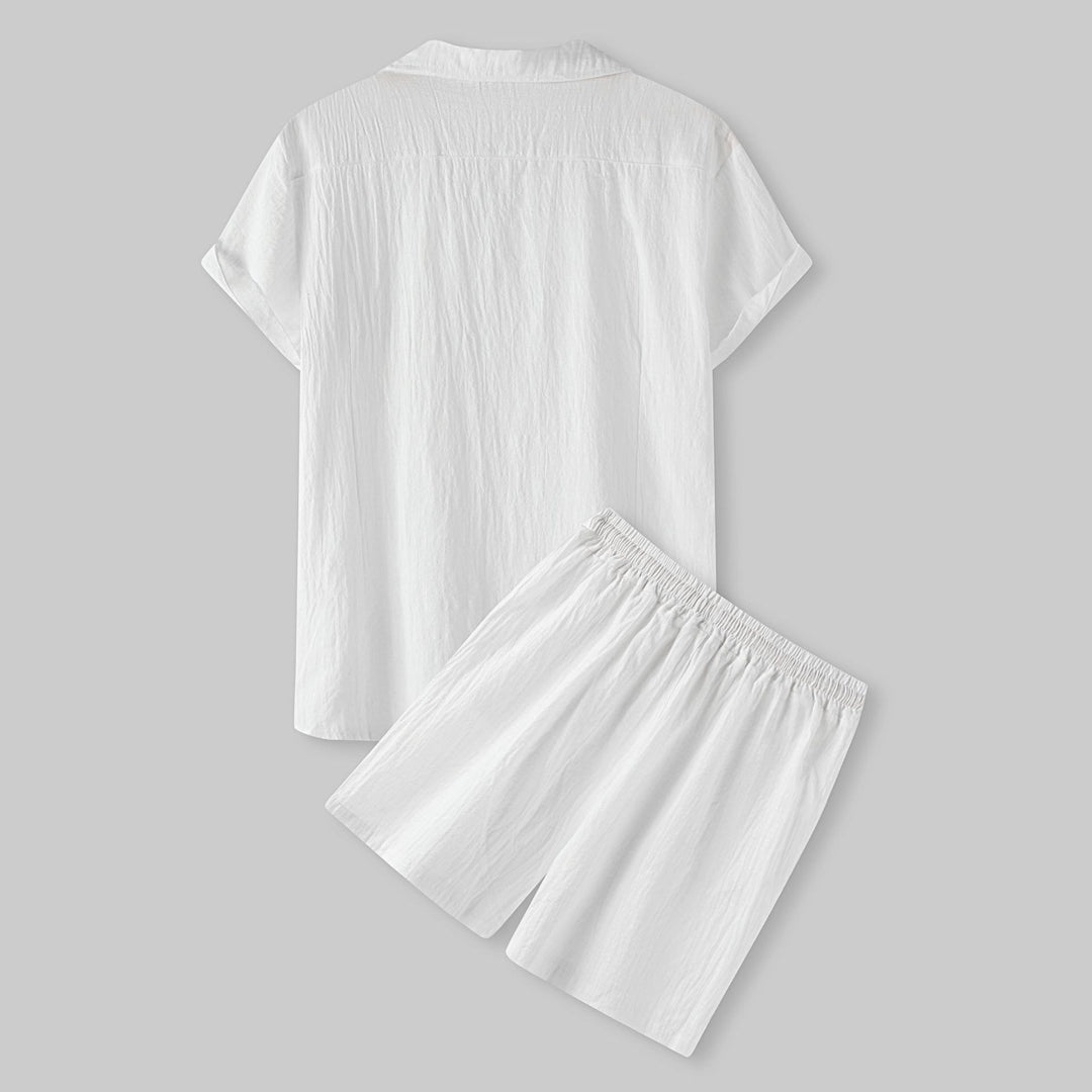 Damen Kurzarm-Pyjama-Set aus leichtem Baumwollmaterial mit praktischer Knopfleiste und elastischem Bund R&B