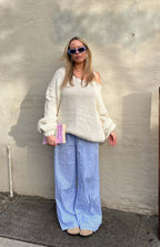 Damen oversized Strickpullover mit offenen Schultern und voluminösen Ärmeln R&B