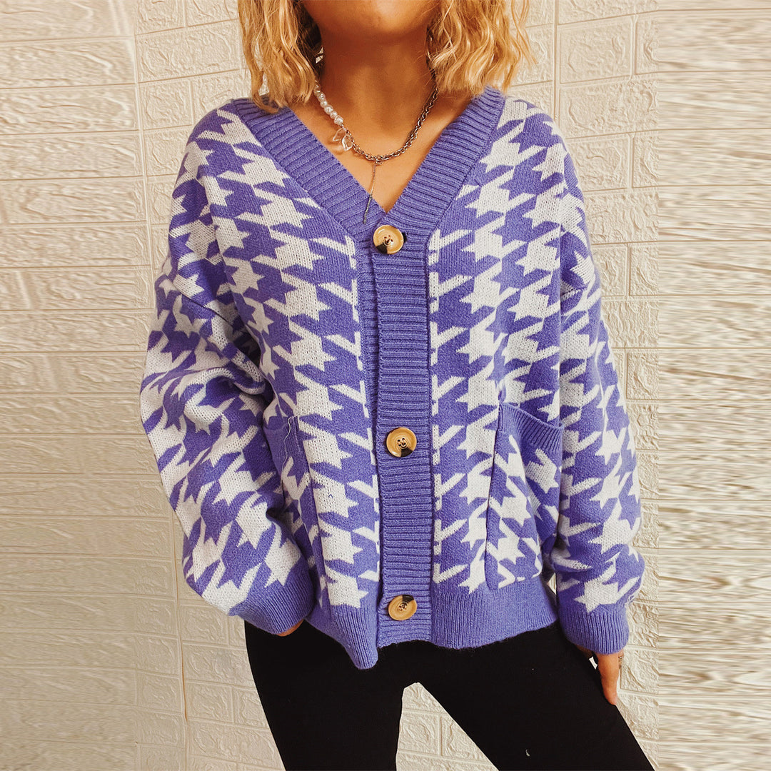 Damen gemütlicher Strickcardigan mit modernen Hahnentrittmuster und Knopfdetails R&B