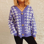 Damen gemütlicher Strickcardigan mit modernen Hahnentrittmuster und Knopfdetails R&B