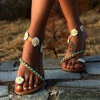 Damen Bunt verzierte Zehentrenner-Sandalen mit floralen Details und bequemer Sohle R&B