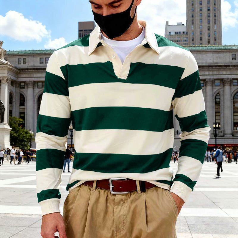 Herren nan gestreiftes Rugby-Poloshirt aus Baumwollmischung mit kurzer Knopfleiste und Rippbündchen R&B