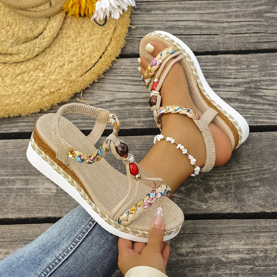 Damen Wedge-Sandaletten mit farbenfrohen Perlen und geflochtenem Riemendesign R&B