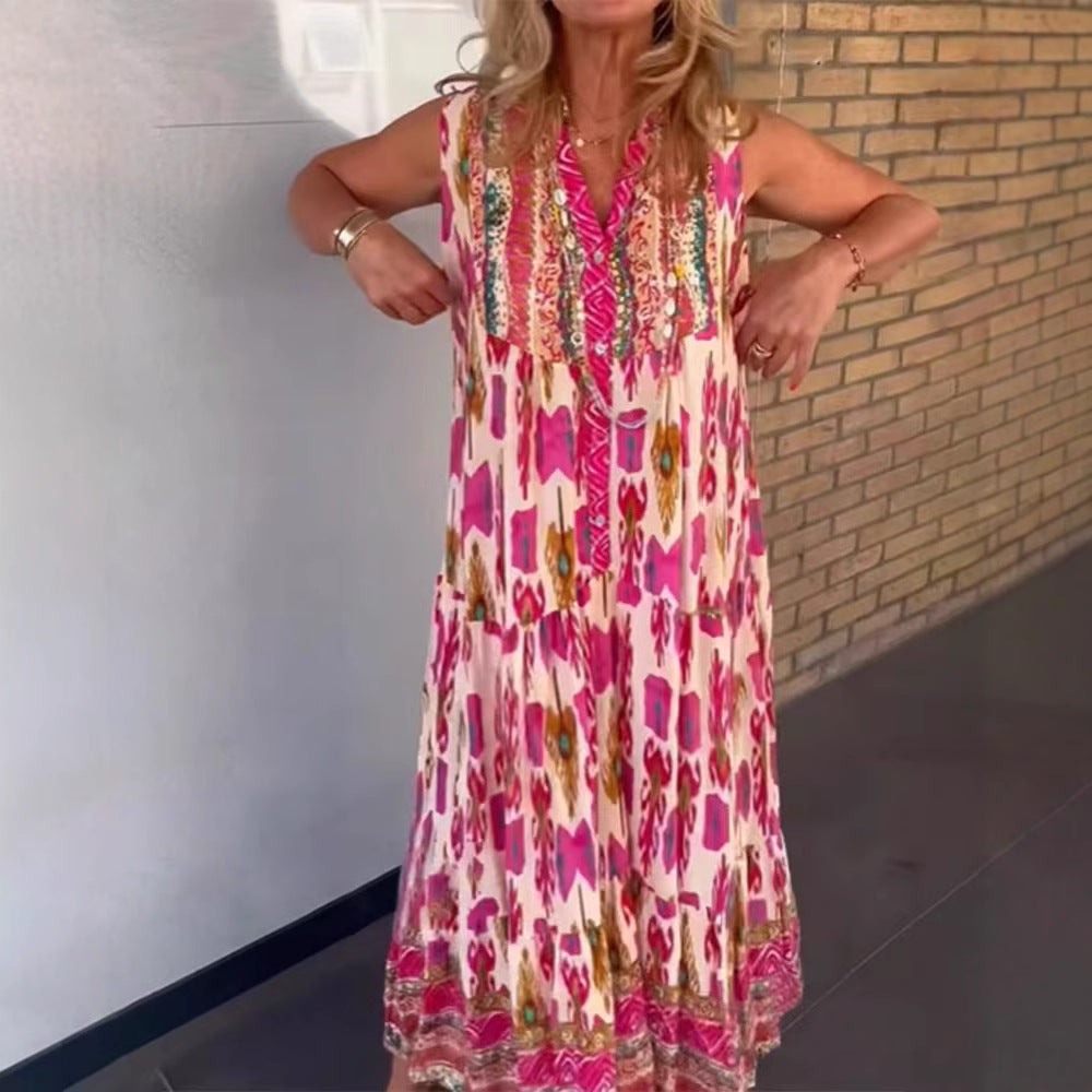 Damen nan fließendes Maxikleid im Boho-Stil mit V-Ausschnitt, Stufenrock und bestickter Passe R&B