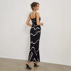 Damen Maxikleid mit modernem Wellenmuster und feinen Spaghettiträgern R&B