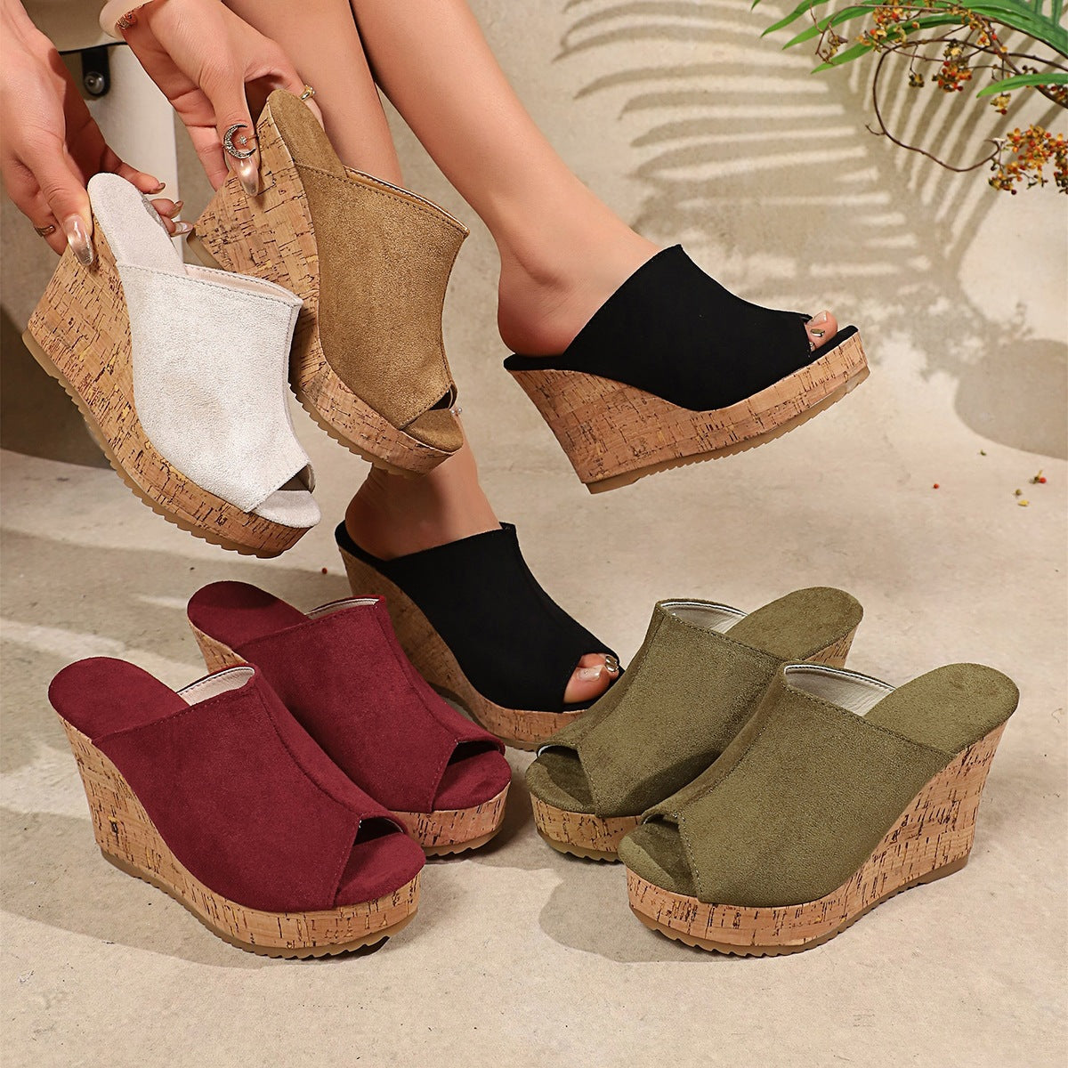 Damen Wedge-Pantoletten mit hochwertiger Korksohle und offenem Zehenbereich R&B