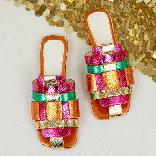 Damen Trendige Mules mit buntem Riemendesign R&B