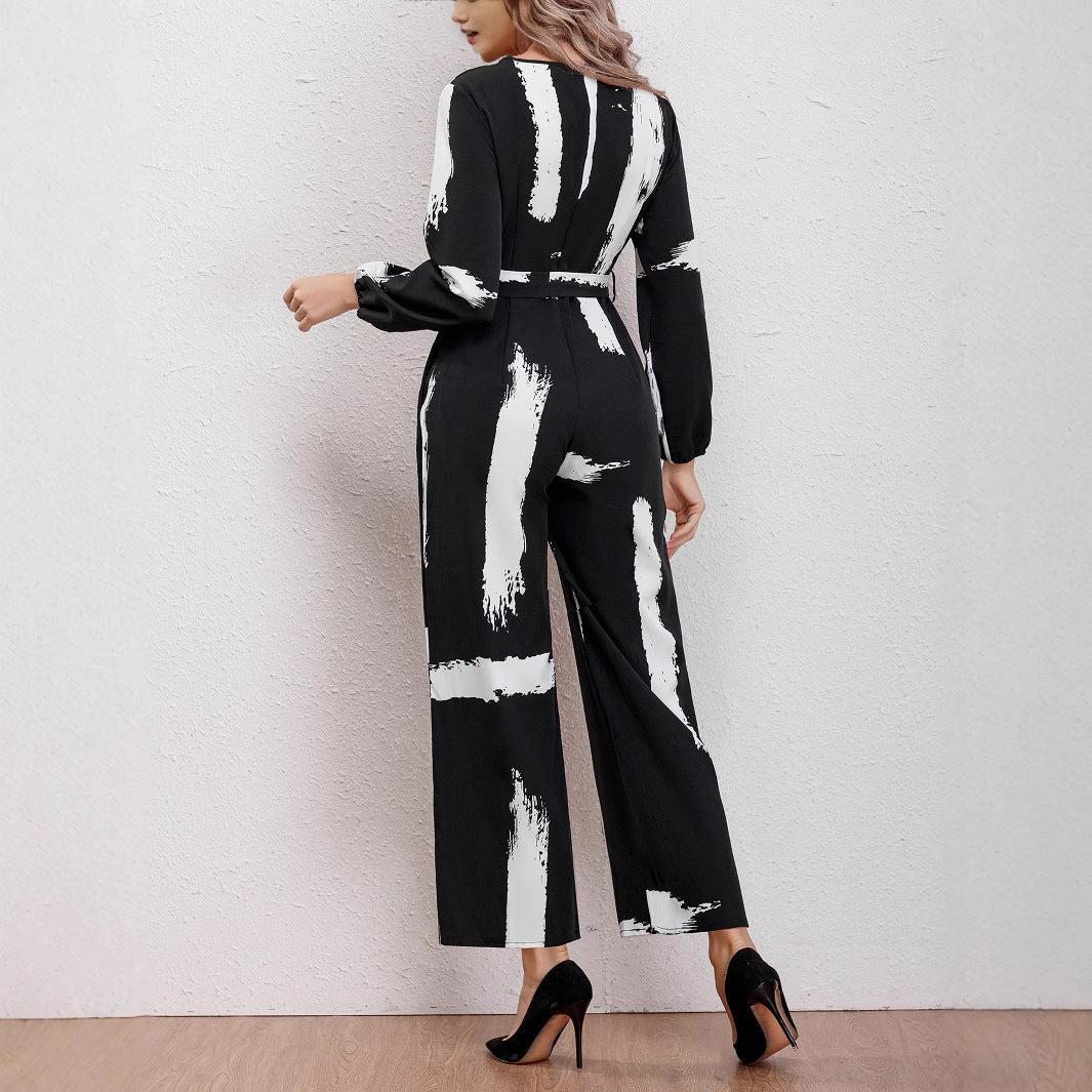 Damen Jumpsuit mit modernen Pinselstrich-Design und Gürtel R&B