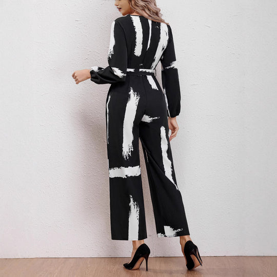 Damen Jumpsuit mit modernen Pinselstrich-Design und Gürtel R&B