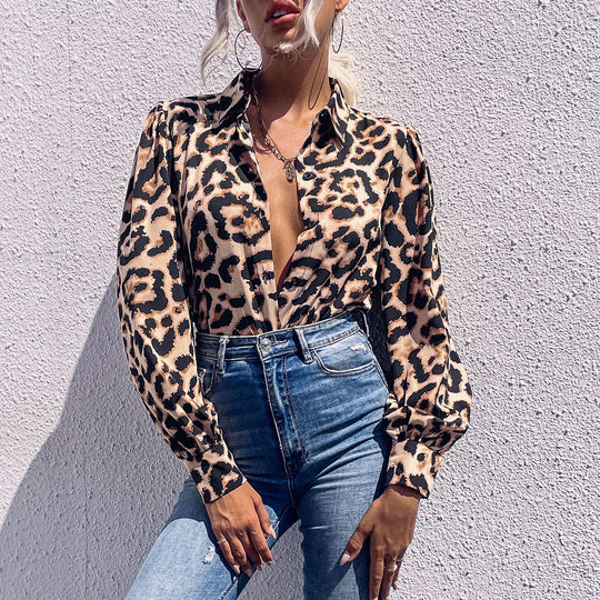 Damen elegante Bluse mit Leopardenmuster und feinen Details R&B