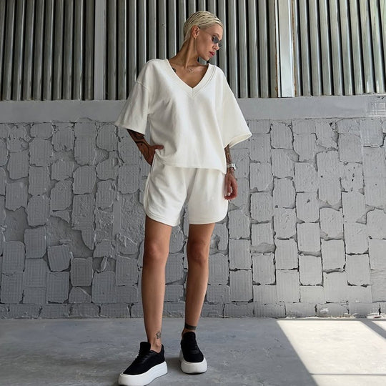 Damen lässiges Oberteil und Shorts-Set mit V-Ausschnitt und weitem Schnitt R&B