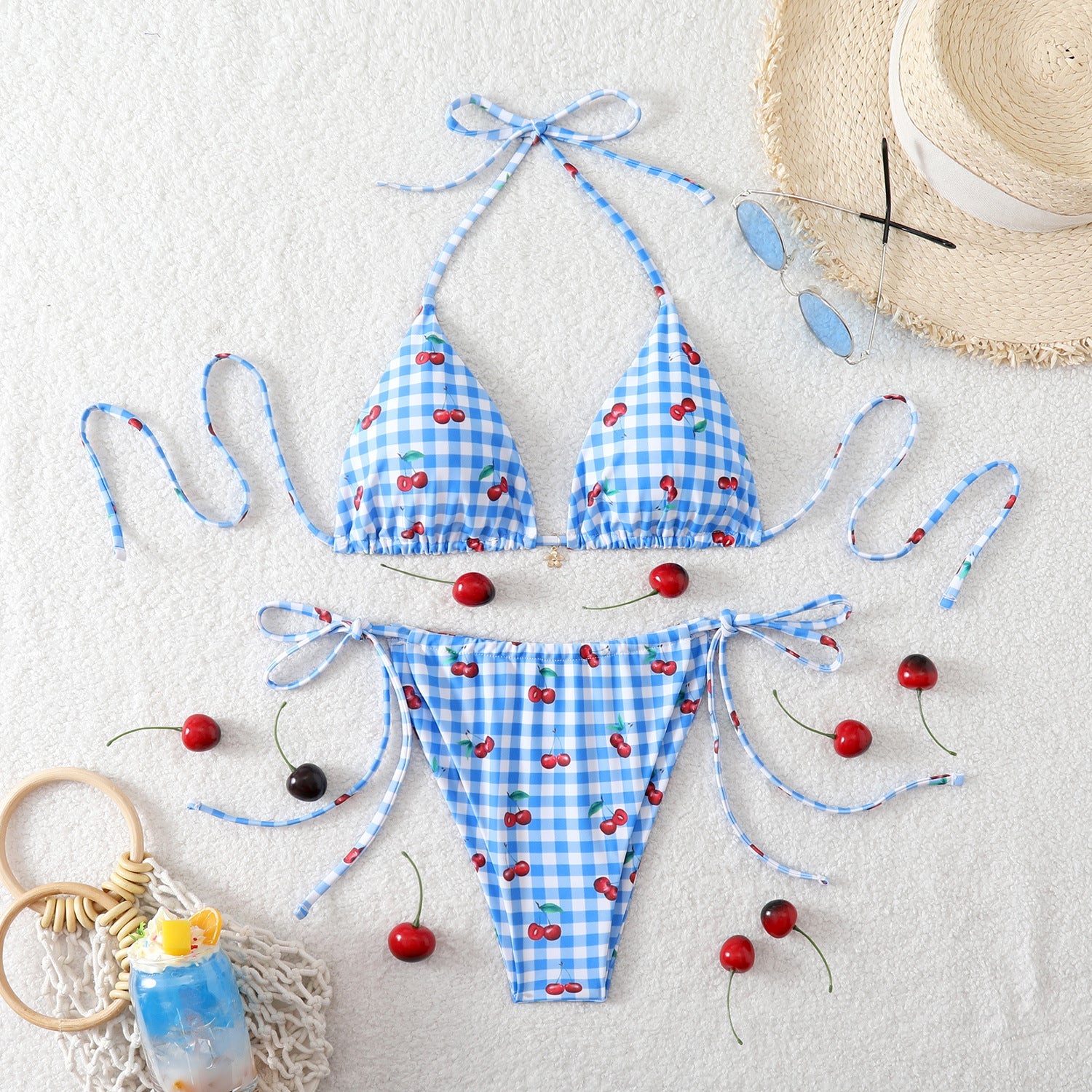 Damen Triangel-Bikini mit verspieltem Kirschmuster R&B