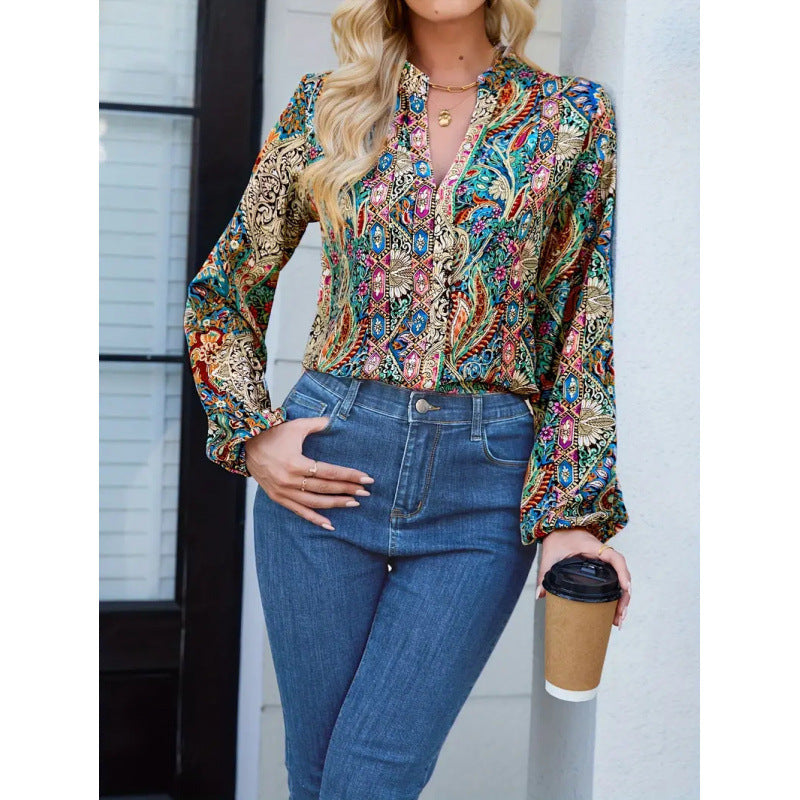 Damen elegante Bluse mit buntem Print und extravaganten Puffärmeln R&B