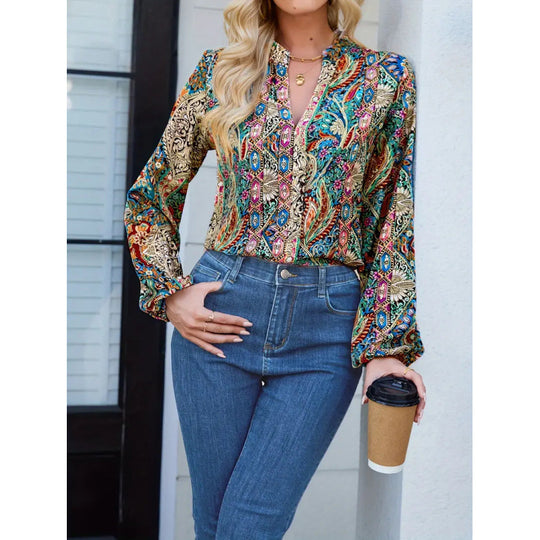 Damen elegante Bluse mit buntem Print und extravaganten Puffärmeln R&B