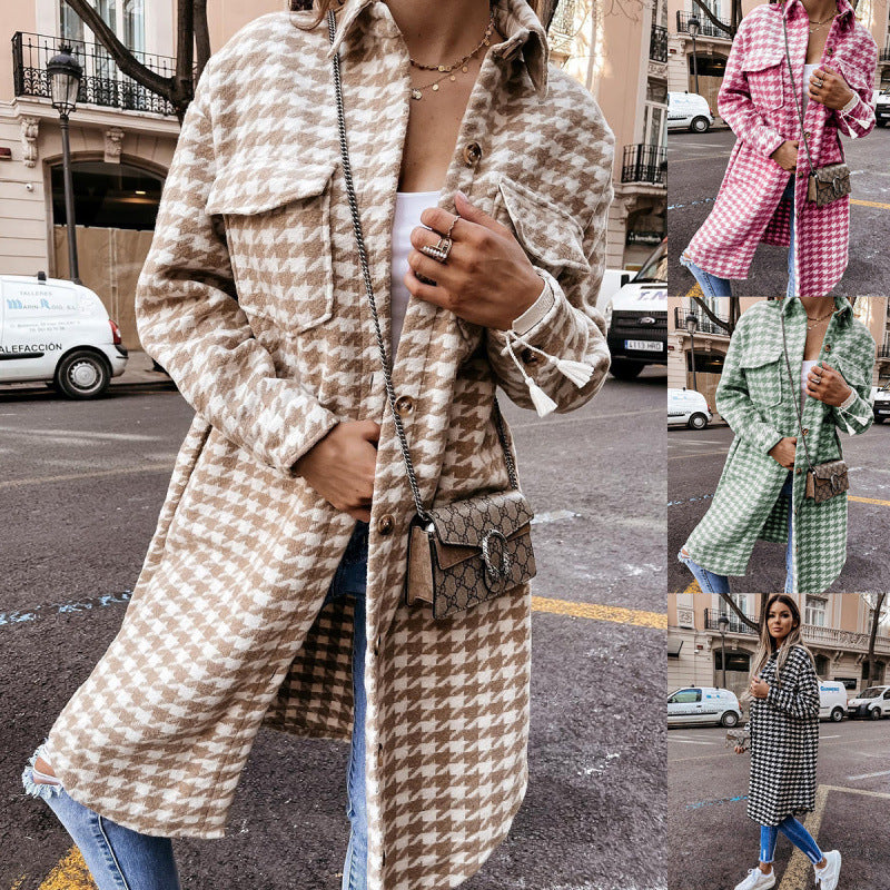 Damen Hahnentritt-Muster Oversized Hemdjacke R&B
