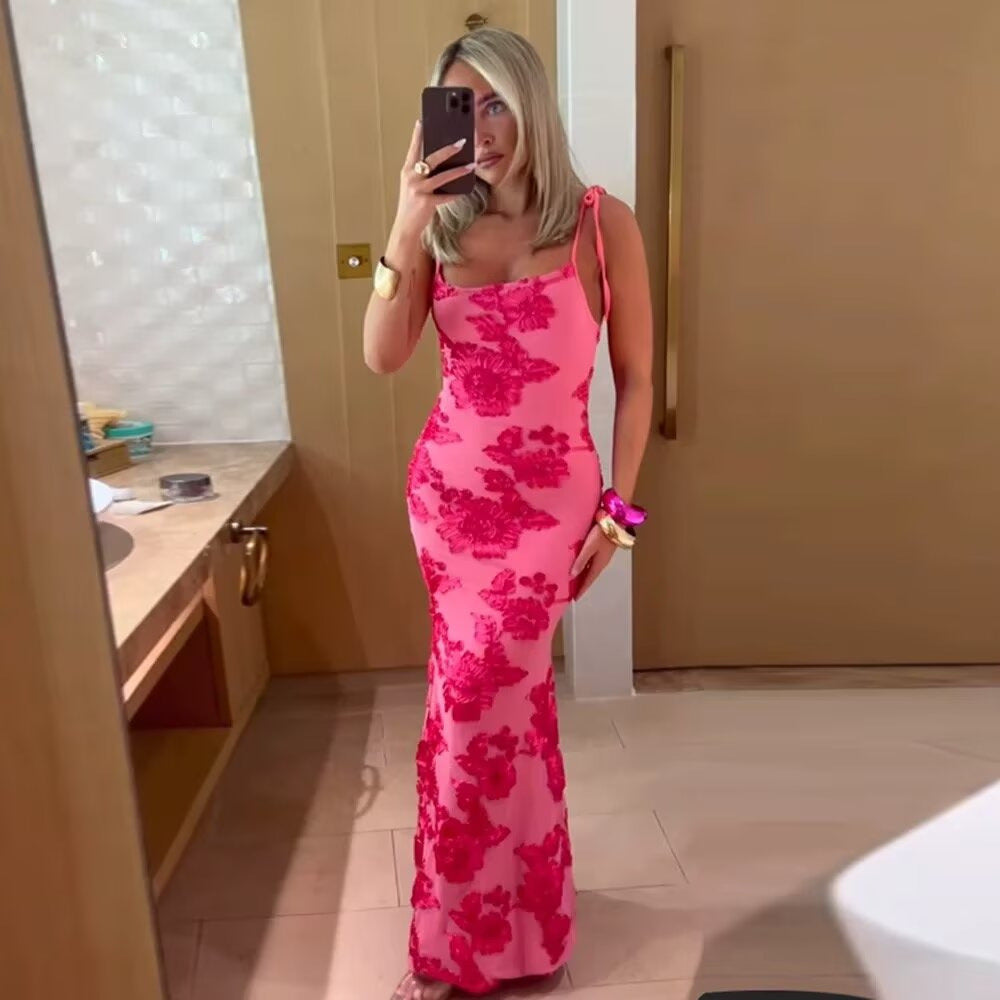Damen Maxikleid mit floralem Spitzenmuster und verstellbaren Trägern R&B