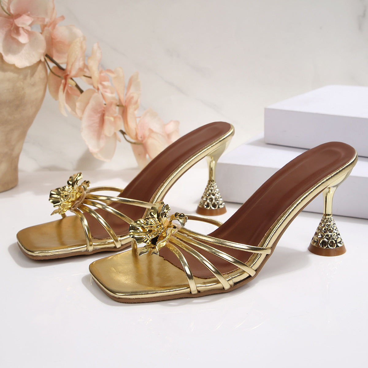 Damen elegante Slingback-Pantoletten mit floralem Design und funkelndem Absatz R&B