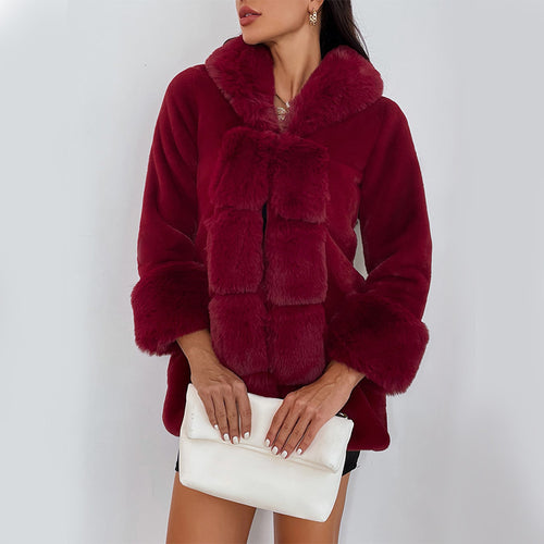 Damen Flauschige Kunstpelzjacke mit Kapuze und dekorativen Details R&B