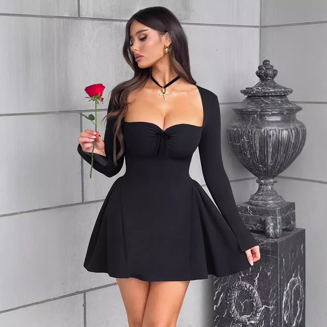 Damen Cocktailkleid mit tiefem V-Ausschnitt und schwingendem Rock R&B