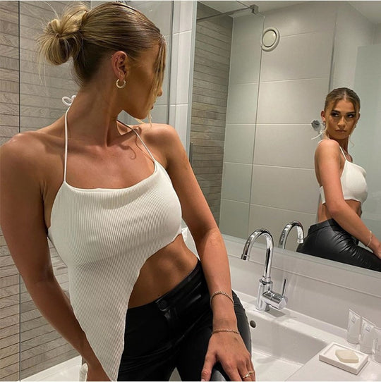 Damen asymmetrisches Crop-Top mit feinem Rippdesign und tiefem Ausschnitt R&B