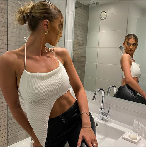 Damen asymmetrisches Crop-Top mit feinem Rippdesign und tiefem Ausschnitt R&B