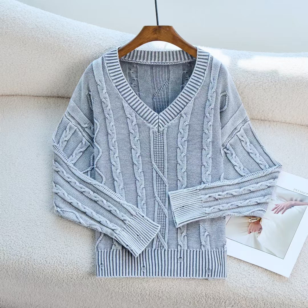 Damen Modischer Strickpullover mit V-Ausschnitt und Zopfmuster R&B