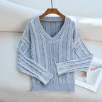 Damen Modischer Strickpullover mit V-Ausschnitt und Zopfmuster R&B