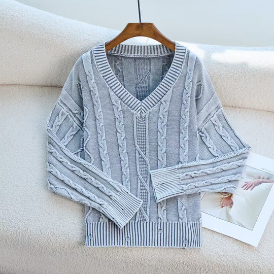 Damen Modischer Strickpullover mit V-Ausschnitt und Zopfmuster R&B