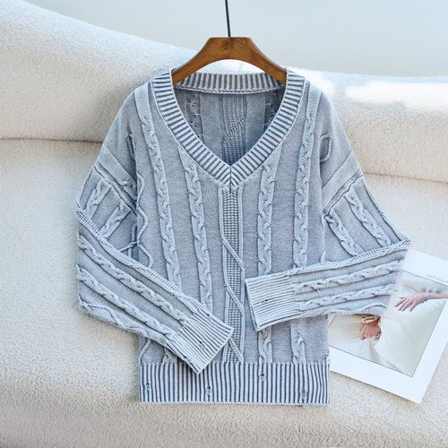 Damen Modischer Strickpullover mit V-Ausschnitt und Zopfmuster R&B
