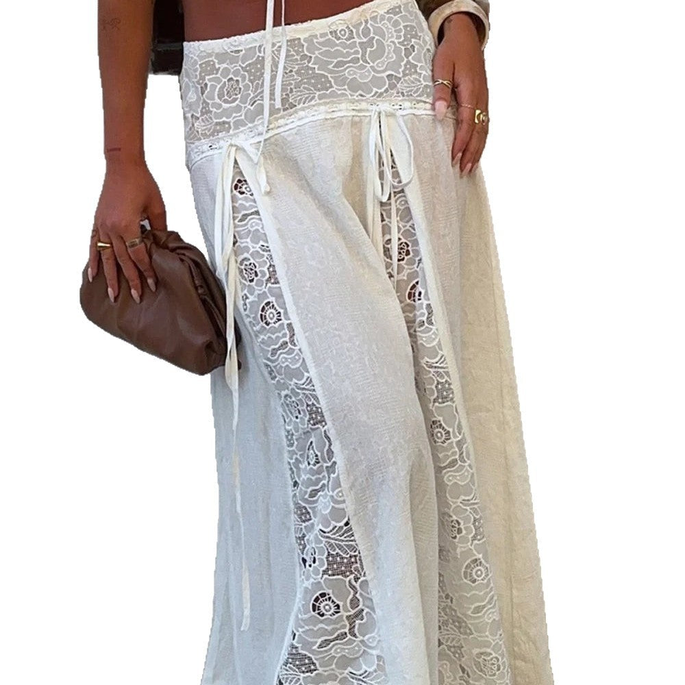 Damen Maxi-Rock mit elegantem Spitzen-Design und seitlichen Bändern R&B