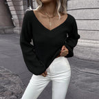 Damen Strickpullover mit tiefem V-Ausschnitt und weit geschnittenen Ärmeln R&B