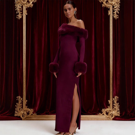 Damen Langarm-Maxikleid mit schulterfreier Optik und eleganten Fellakzenten R&B