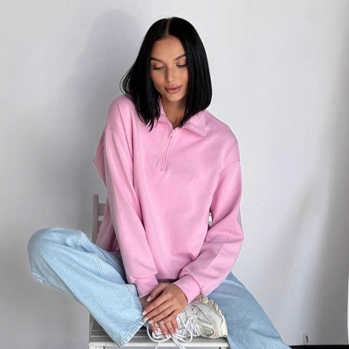 Damen Oversized Sweatshirt mit halbem Reißverschluss und elastischem Saum R&B