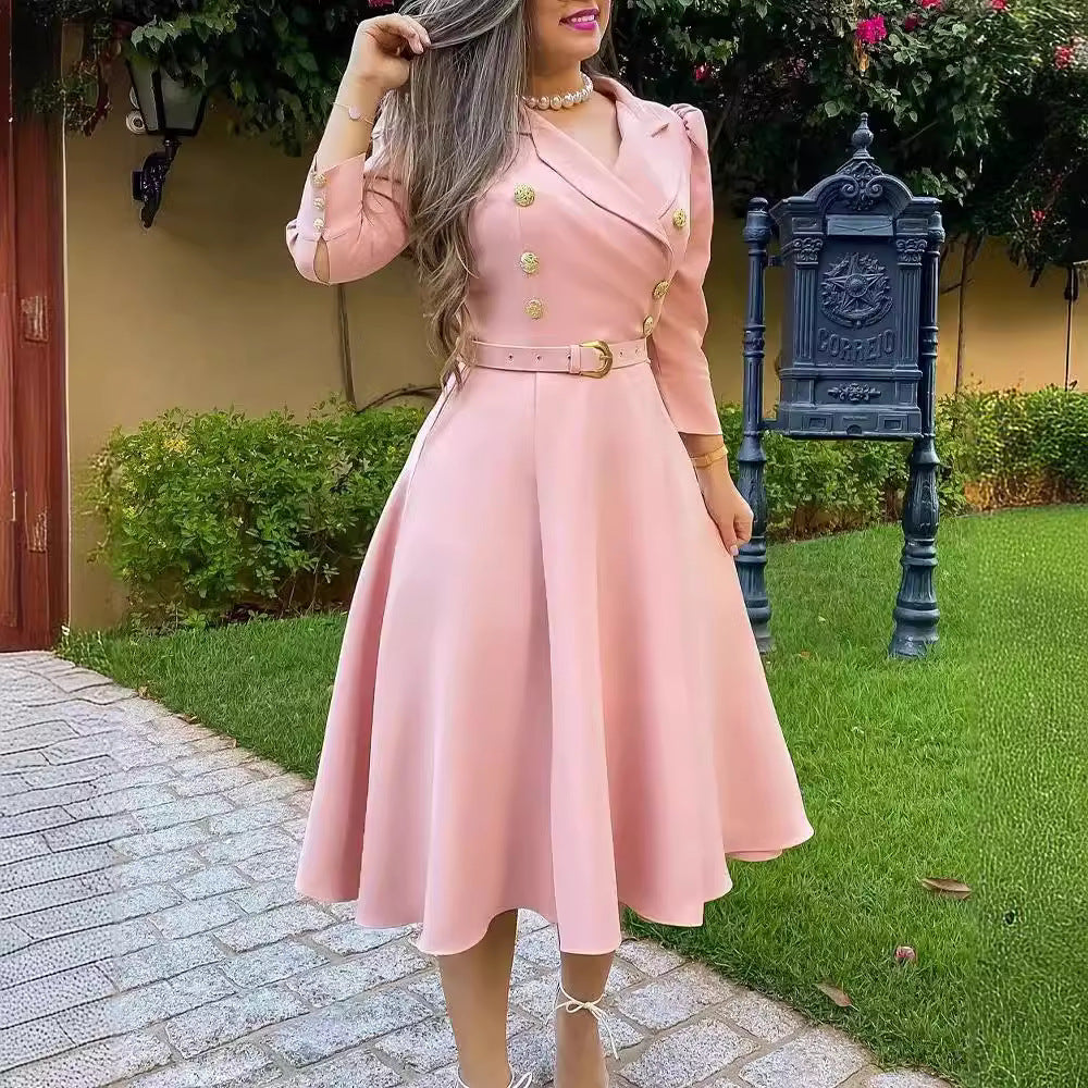 Damen Elegantes und feminines Kleid mit doppelter Knopfleiste und Gürtel R&B