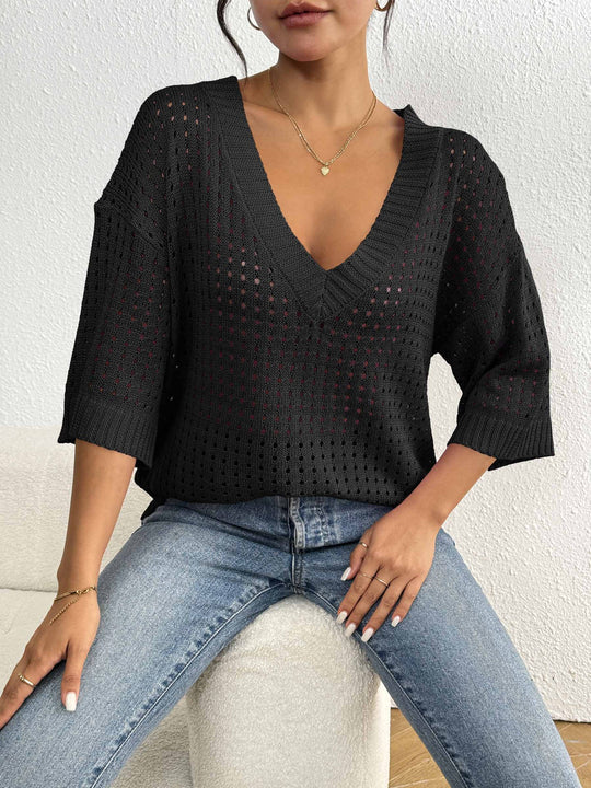 Damen luftiger Strickpullover mit V-Ausschnitt und dekorativem Lochmuster R&B