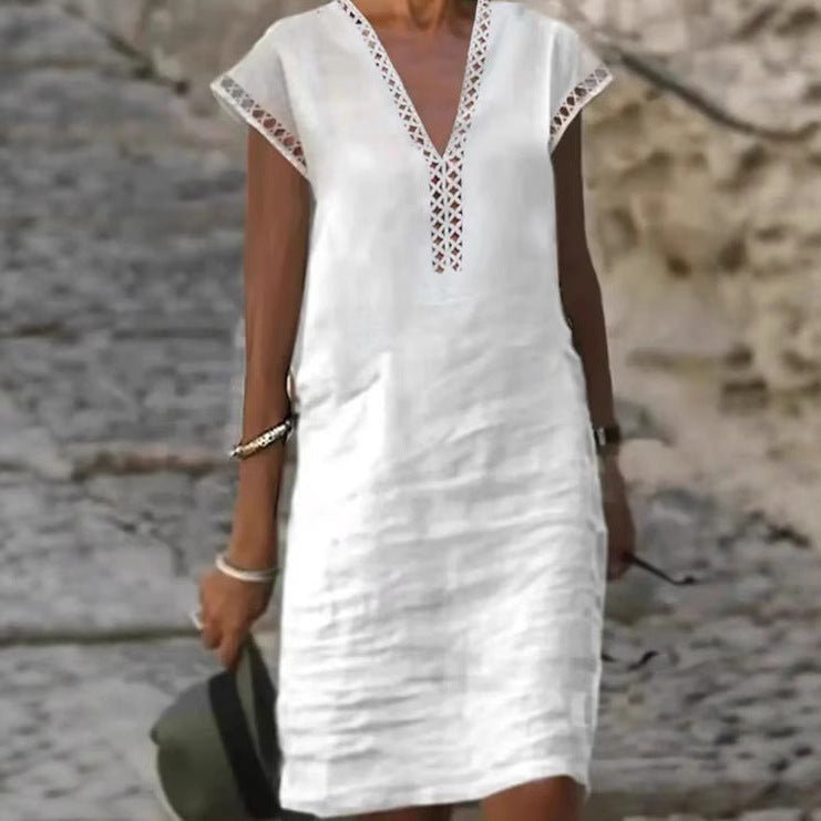 Damen Leichtes Leinenkleid mit V-Ausschnitt und dezenten Cut-Out-Verzierungen R&B