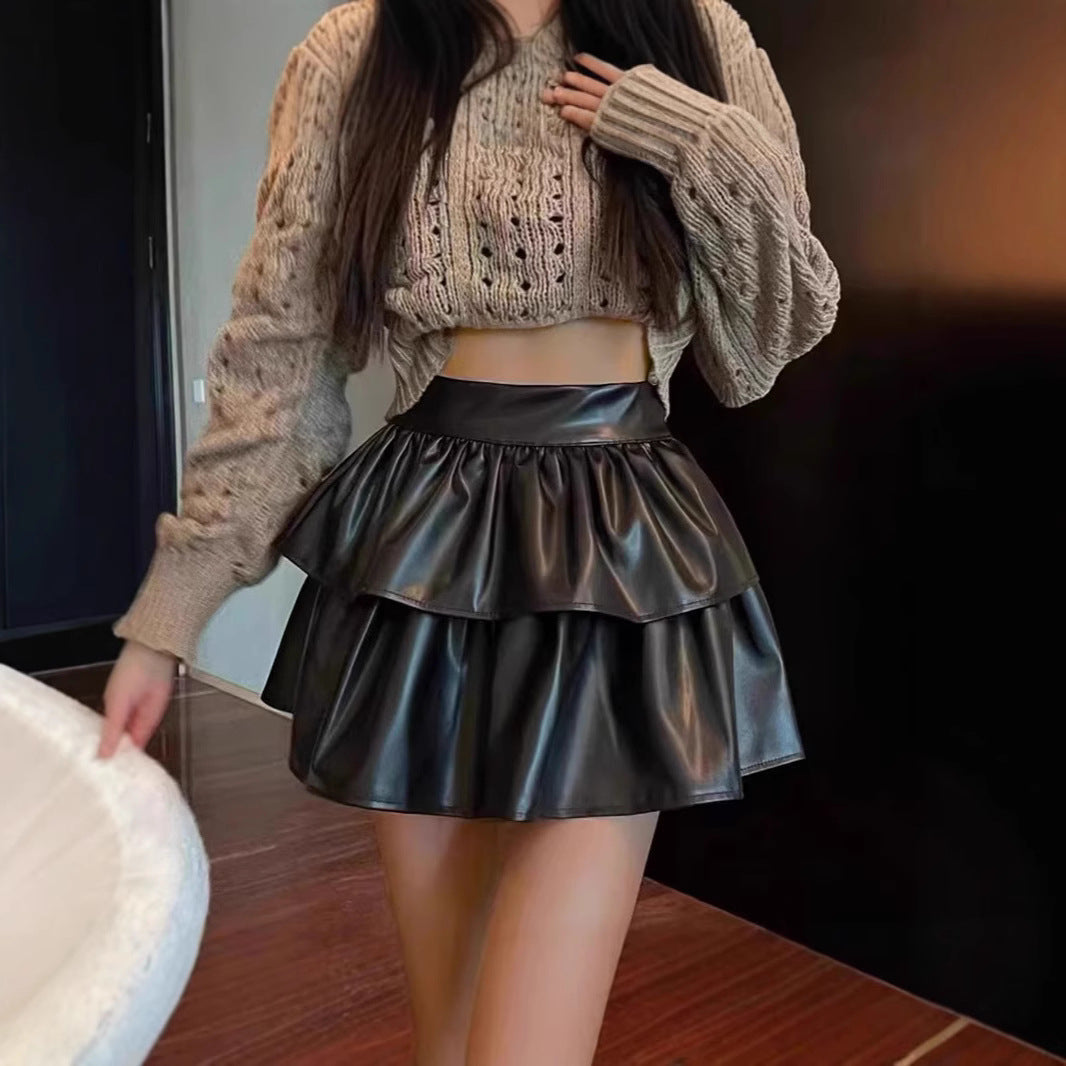 Damen Mini-Rock mit voluminösem Stufen-Design aus hochwertigem Kunstleder R&B