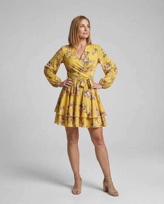 Damen Blumenkleid Midi Wickeloptik