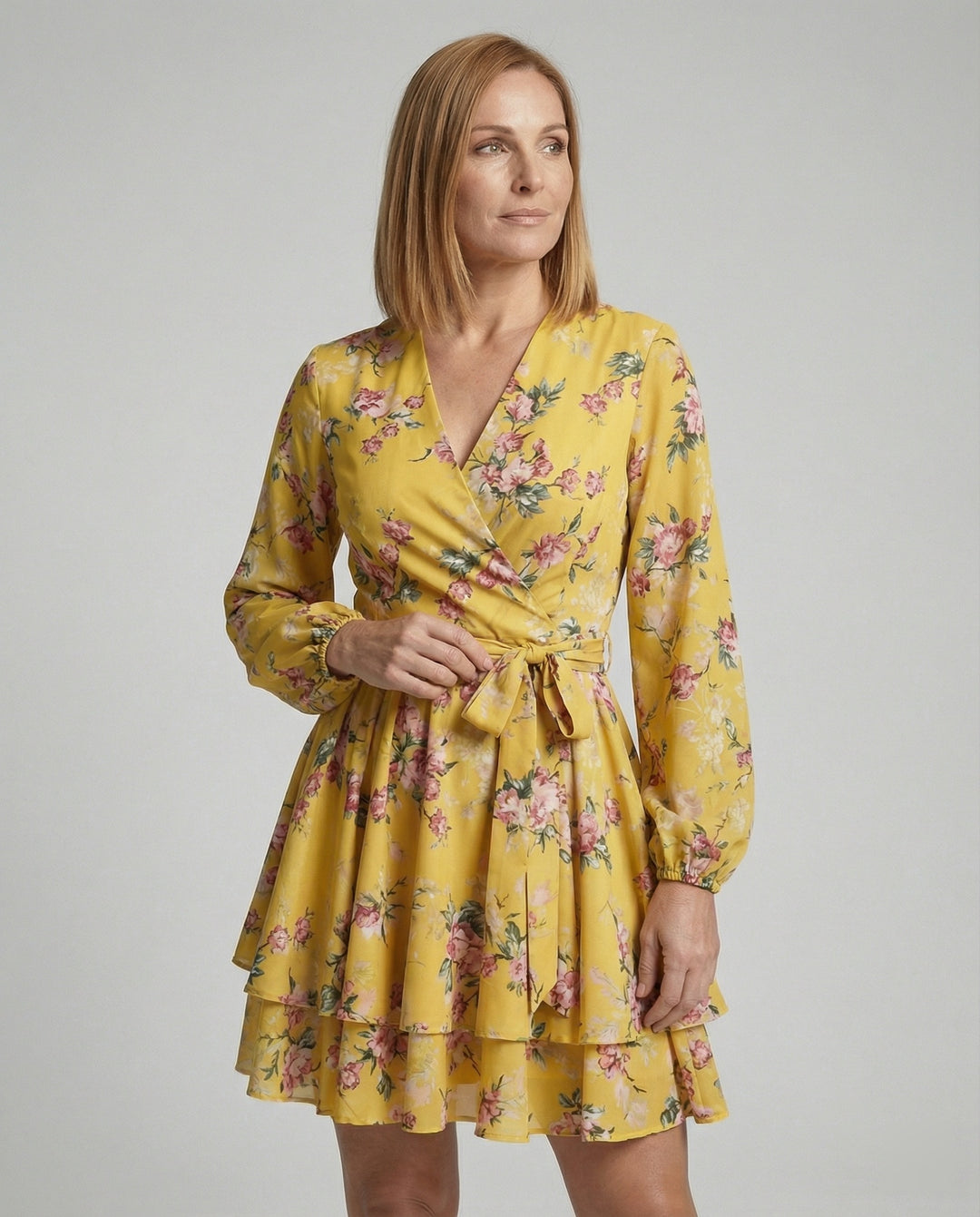 Damen Blumenkleid Midi Wickeloptik